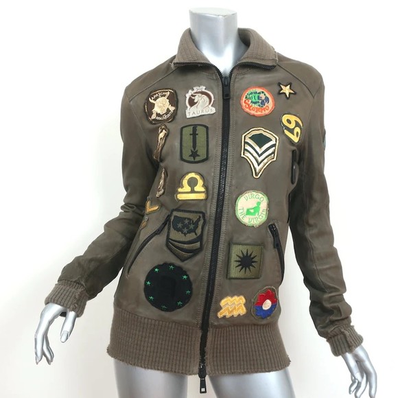 Giorgio Brato Zodiac Patch Leather Bomber Jacket Army Green Size 42 - Picture 1 of 10